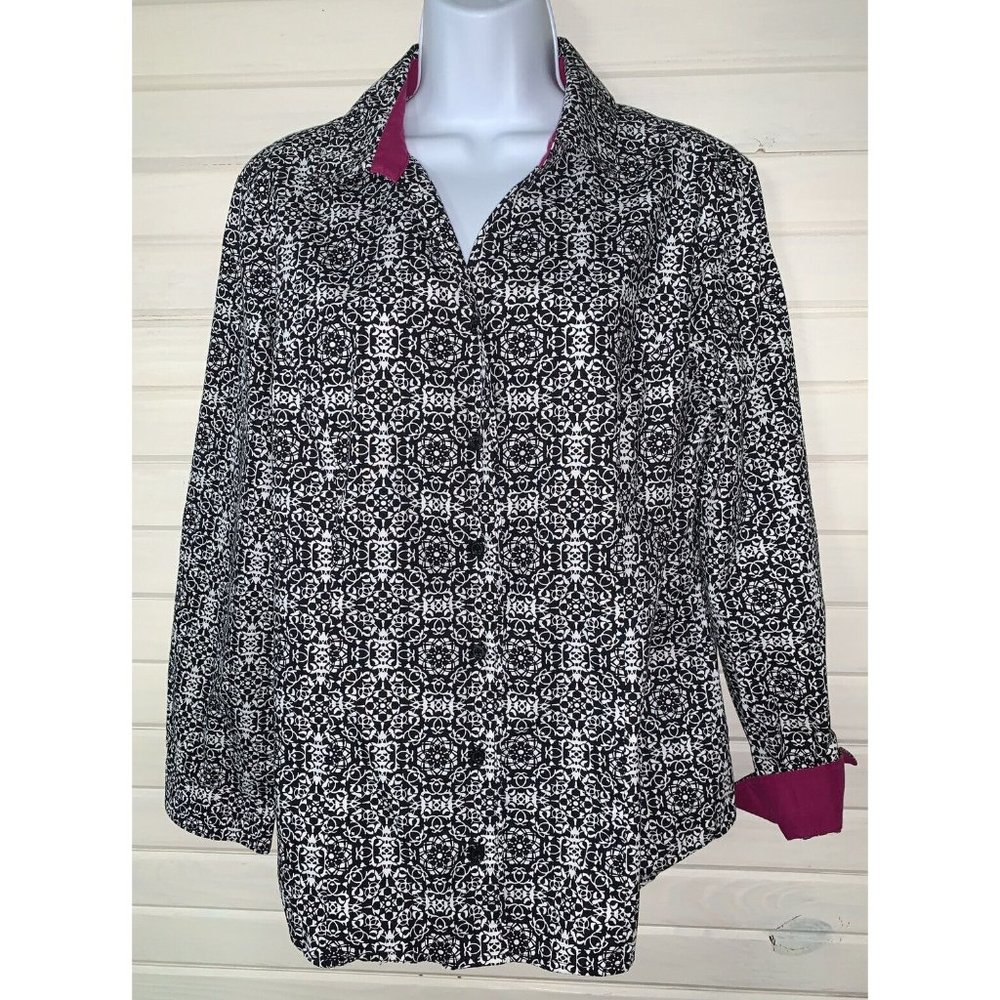 Christopher Banks Sz LARGE Black White Pink Medallion Print Tunic Shirt EUC